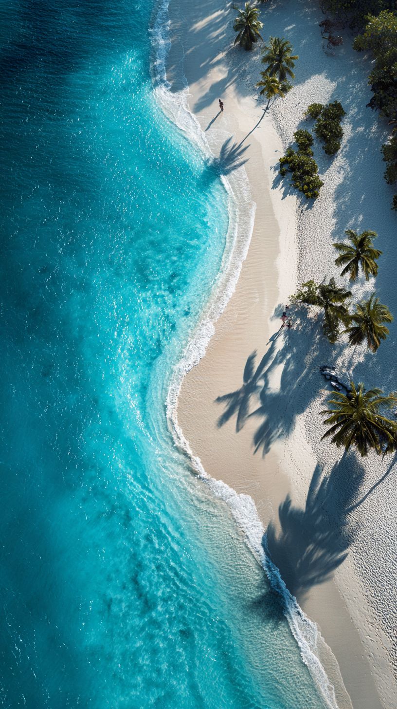 عرض جوي لشاطئ رمل أبيض يتدرج من اللون التركوازي إلى الأزرق العميق، وظلال أشجار النخيل، جنة استوائية