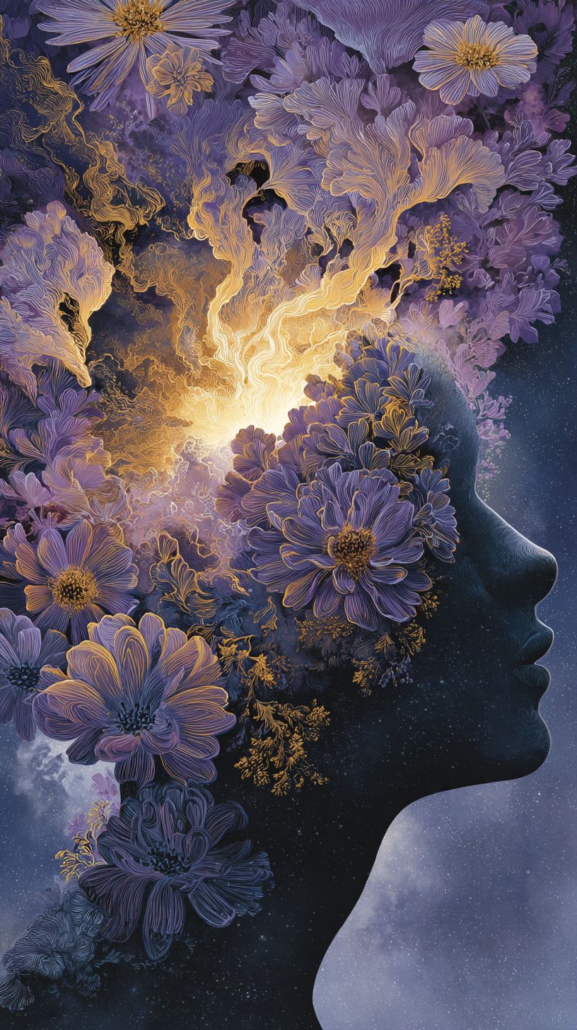 Galaxy brain bloom human silhouette with an open head revealing an exploding galaxy and flowers