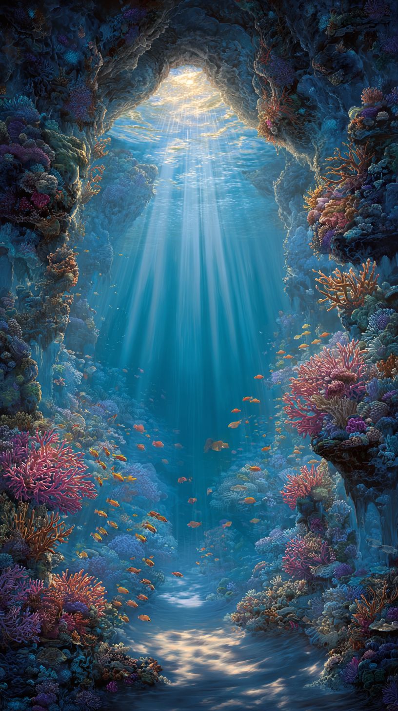 海底のサンゴ教会に太陽の光が透き通った海を通して差し込む