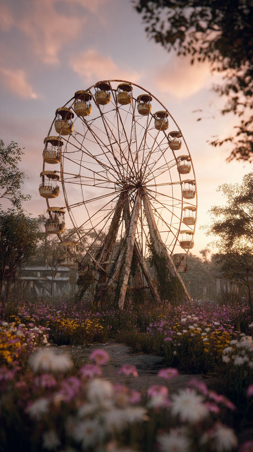 被藤蔓和野花覆蓋的廢棄遊樂園生銹摩天輪在黃金時刻散發懷舊的衰敗之美