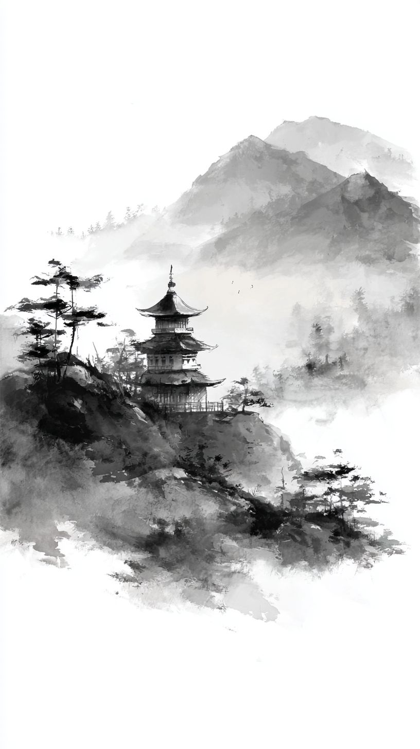 아침 안개 속에서 나타나는 고대 중국의 탑