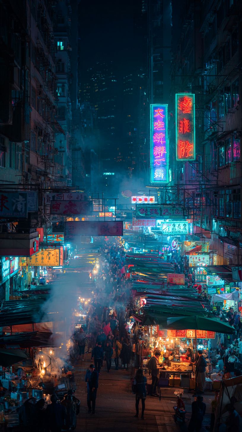 La Rue du Marché Néon incarne l'atmosphère vibrante d'un marché nocturne de Hong Kong
