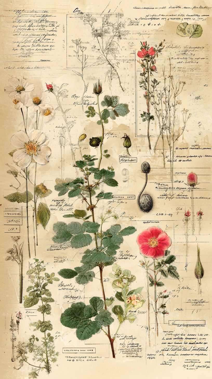 Elegant vintage botanical illustration featuring hand-drawn art with pressed flowers and scientific labels