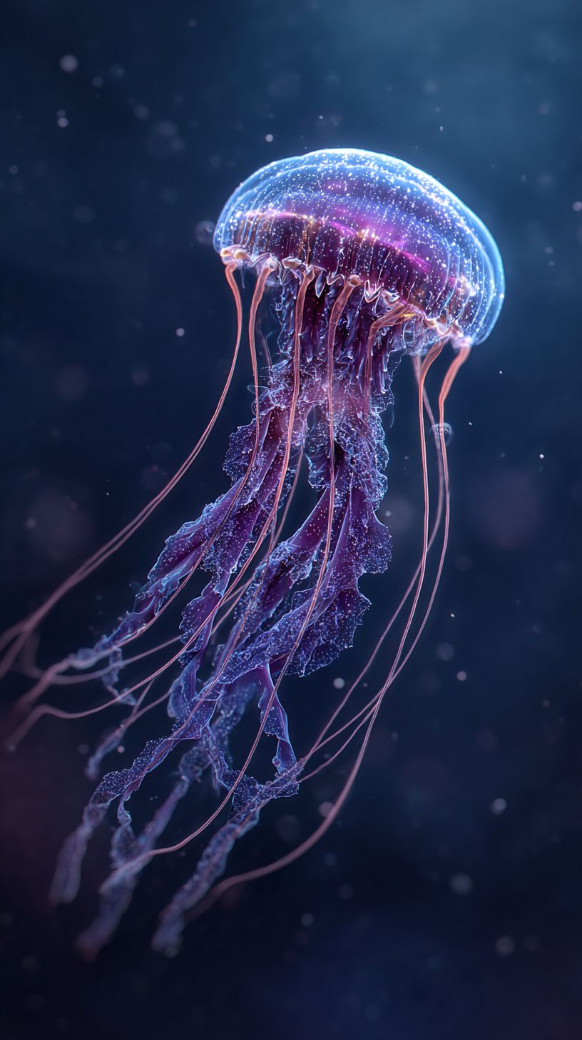 Bioluminescent jellyfish floating in a starfield