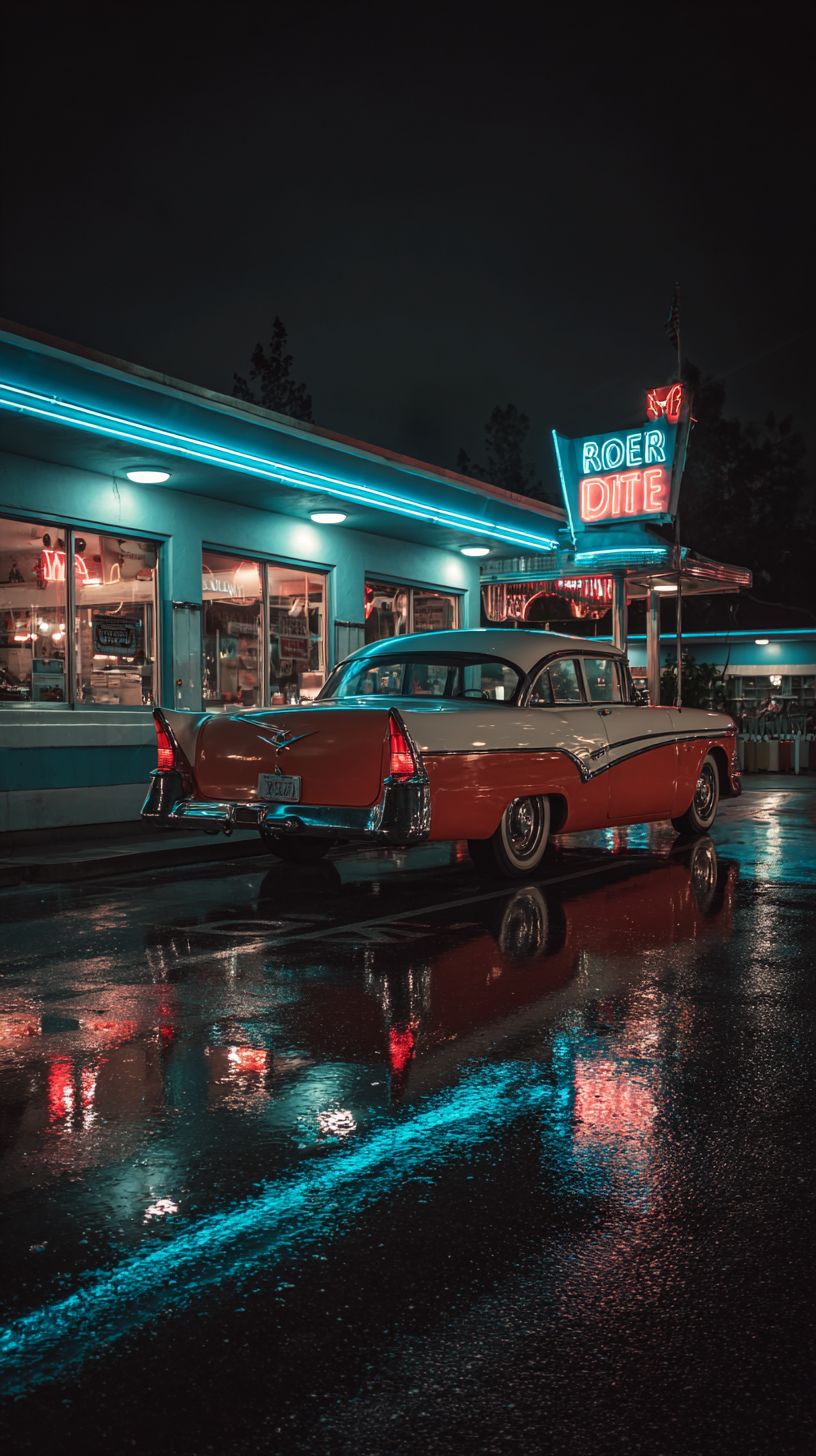 Винтажный авто-романтический ресторан ночью передает атмосферу 1950-х годов