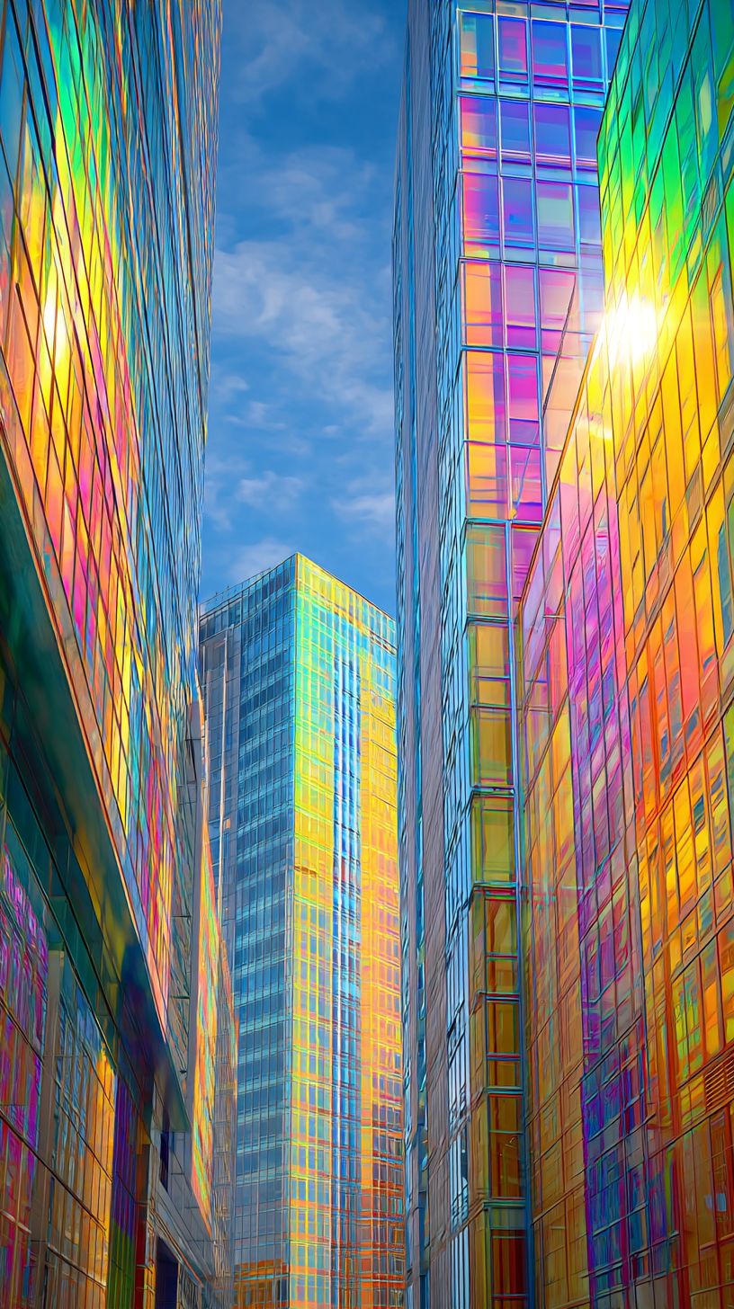 Una ciudad moderna con edificios de paneles de vidrio colorido