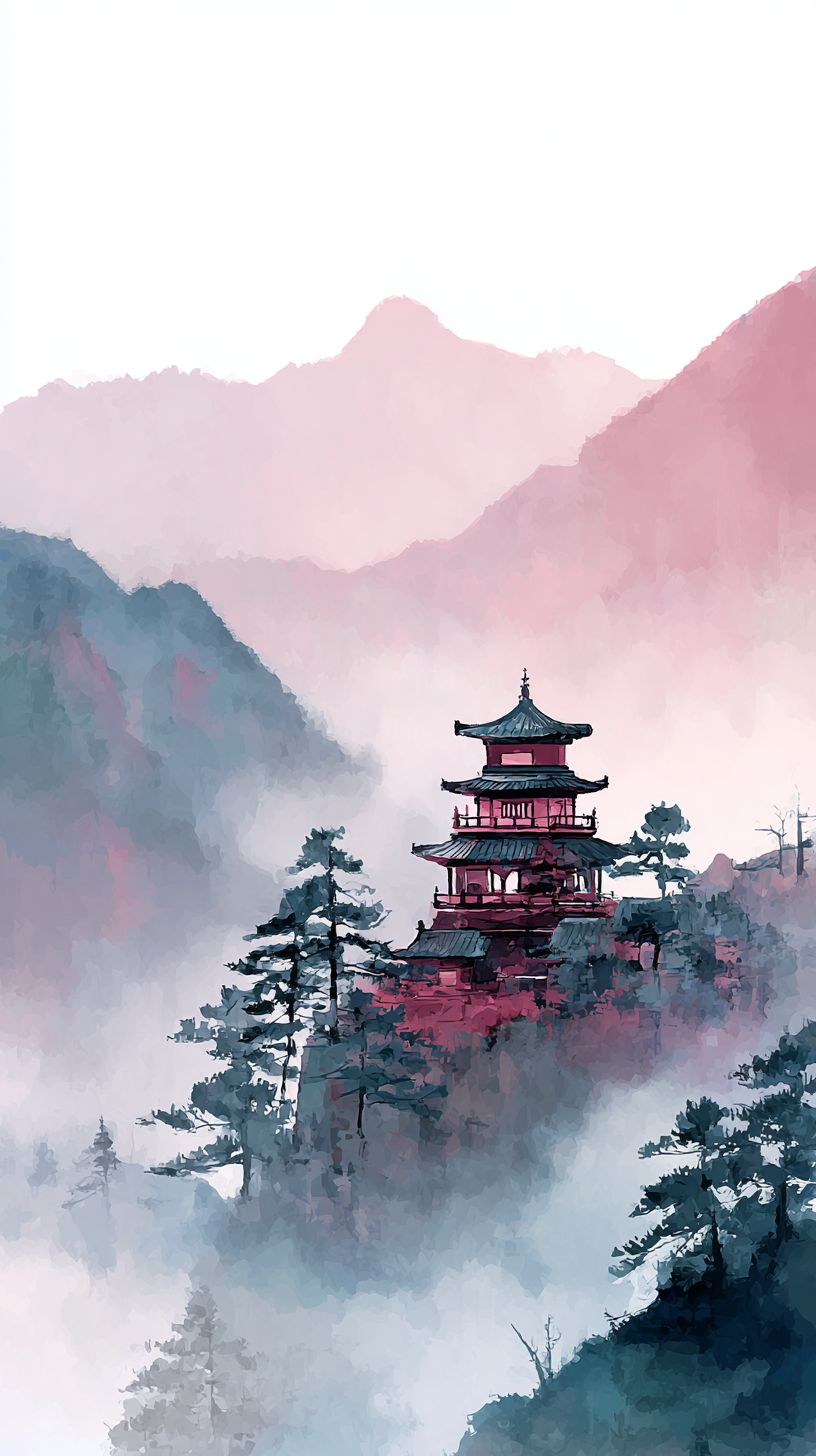 Pagoda china antigua emergiendo de la niebla matutina