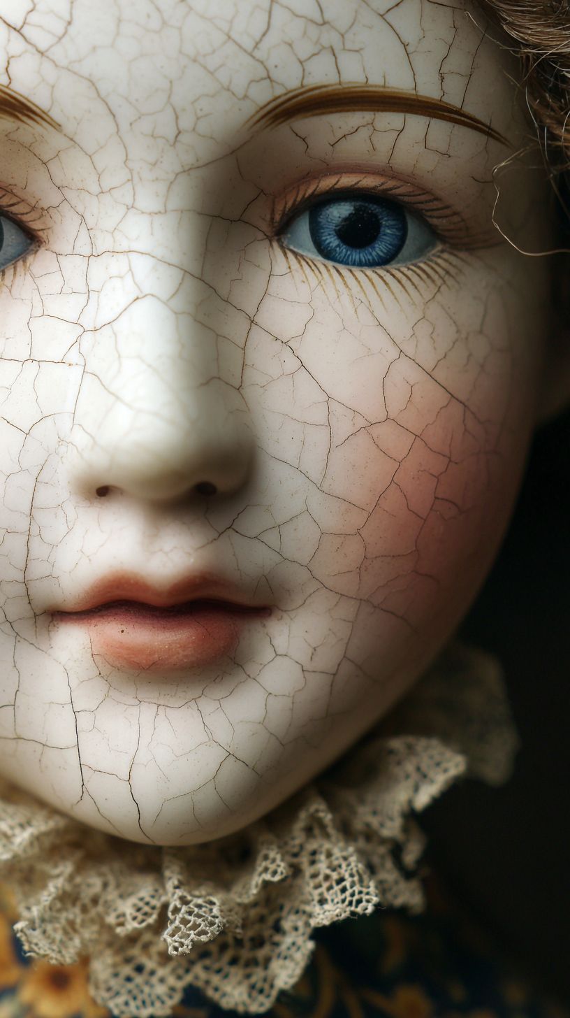 복고풍 도자기 인형 초상화, 파란 유리 눈, 앤티크 드레스 칼라, 금이 간 도자기 질감, 어두운 로맨틱 미학
