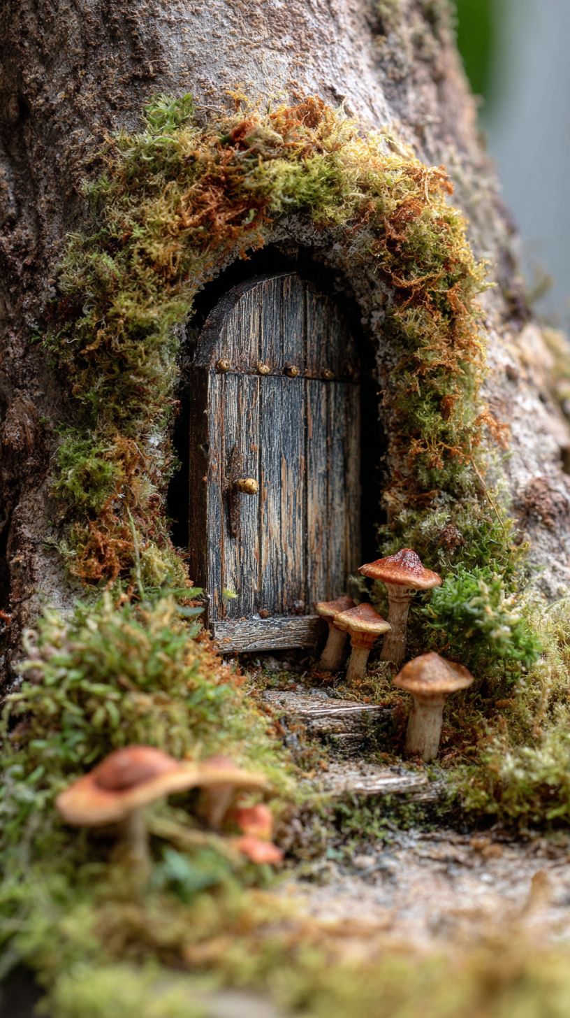 Eine kleine Tür, versteckt im Stamm eines riesigen Baumes, umgeben von Moos und Pilzen, spiegelt eine skurrile Hobbitloch-Ästhetik wider