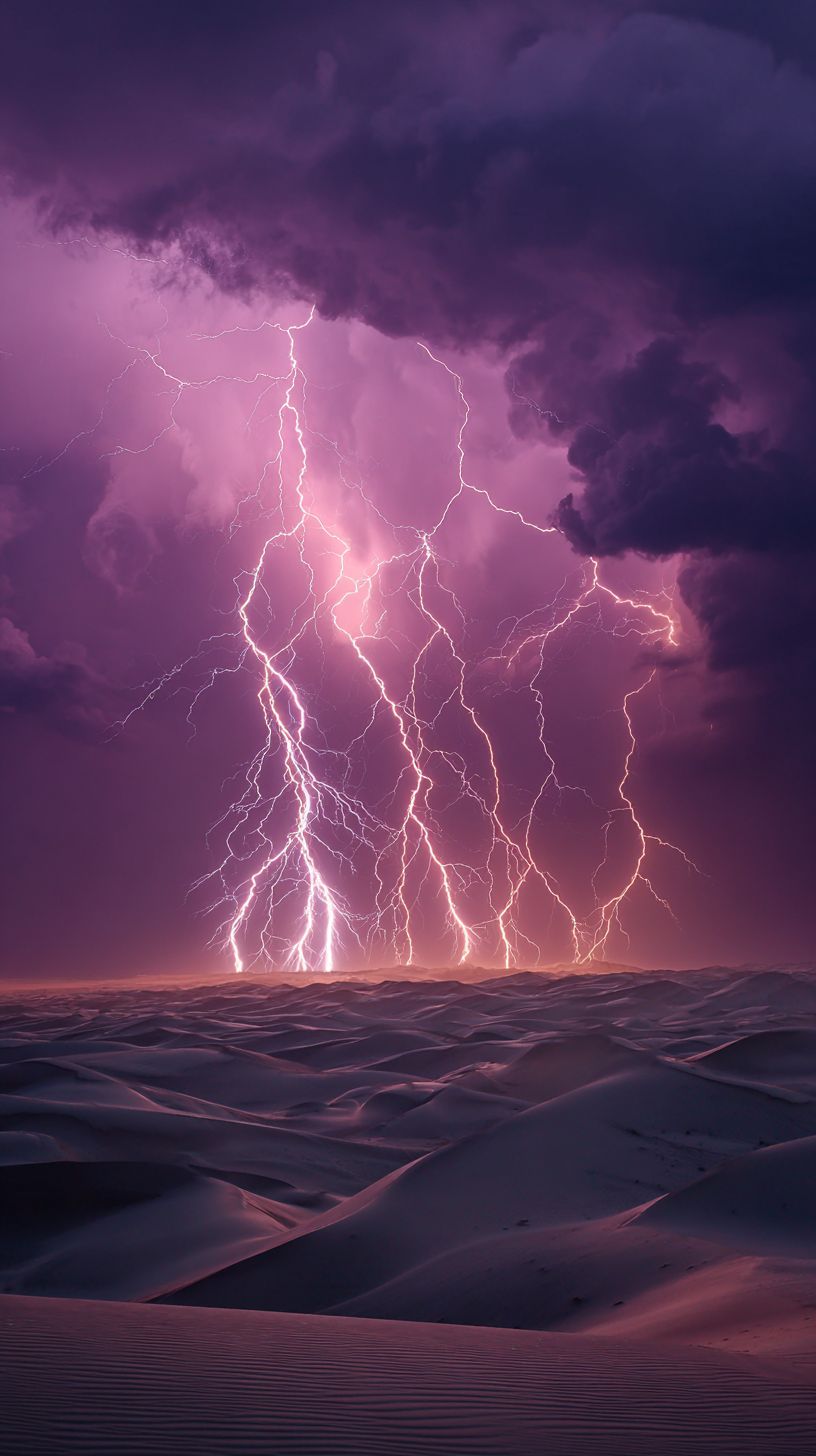 Plusieurs éclairs frappent les dunes de sable la nuit lors d'une tempête électrique