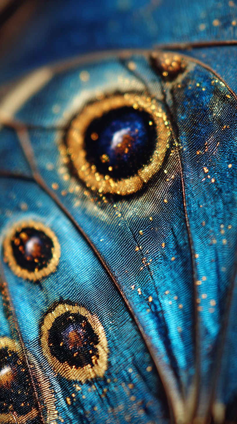 Макро-снимок крыла бабочки морфо с иризациями голубых чешуек и глазками