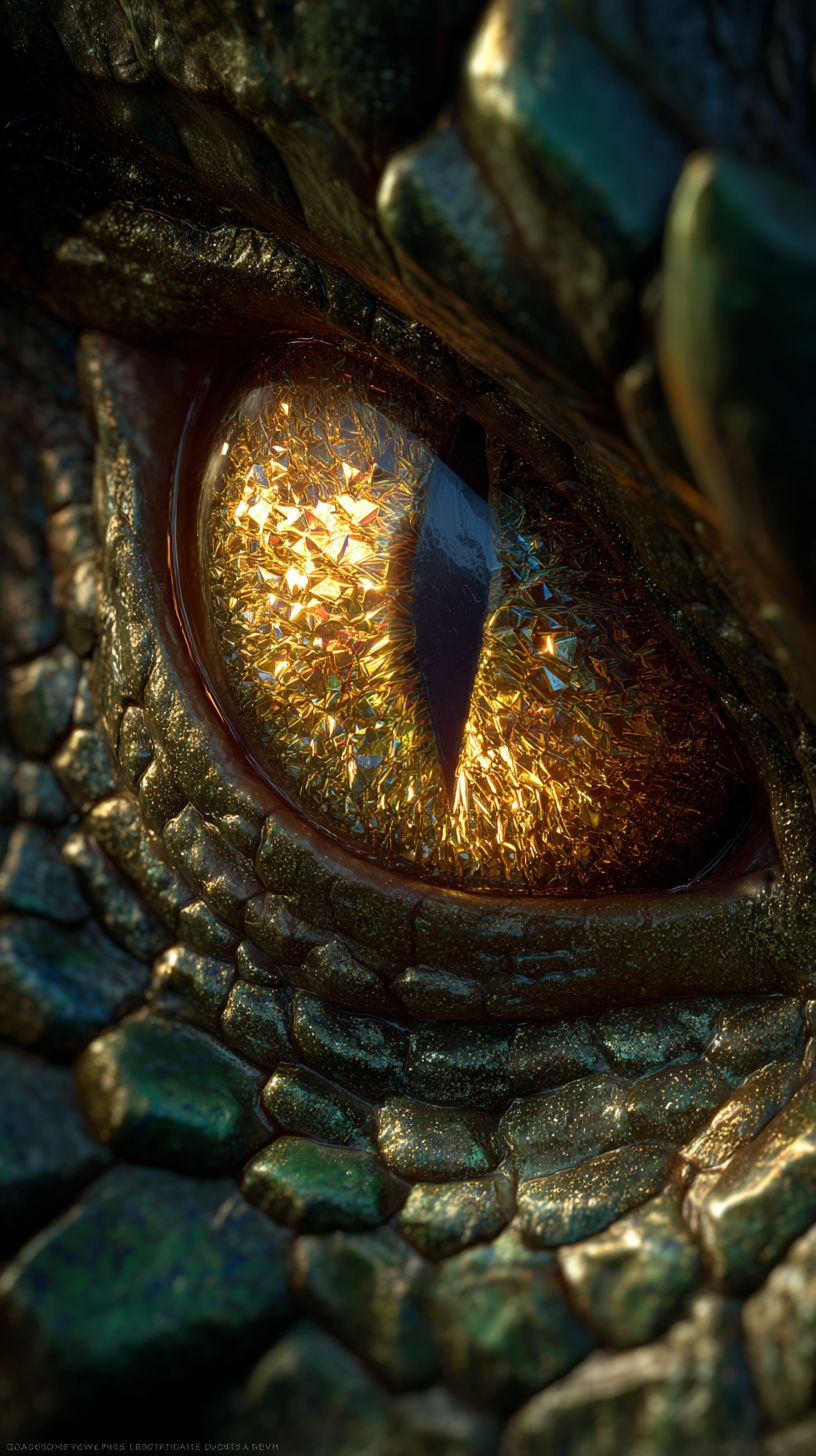 極致特寫的水晶龍眼，折射金色光芒的水晶虹膜和閃光的爬行動物鱗片