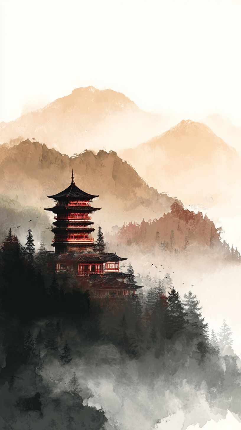 Ancient Chinese pagoda with pine trees and layered mountains in morning fog