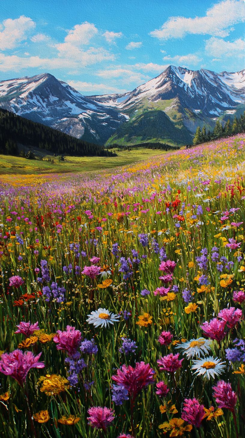 落滿野花的山地草甸，背後是白雪覆蓋的山峰，展現了洛基山脈的自由與清新