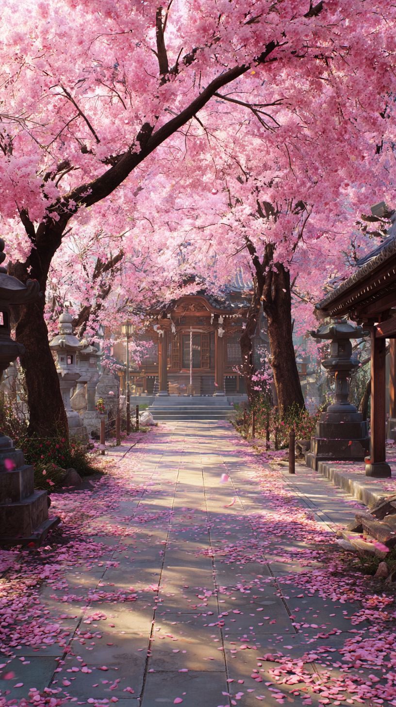 Cherry blossoms fall along a path at a Japanese temple creating a peaceful atmosphere