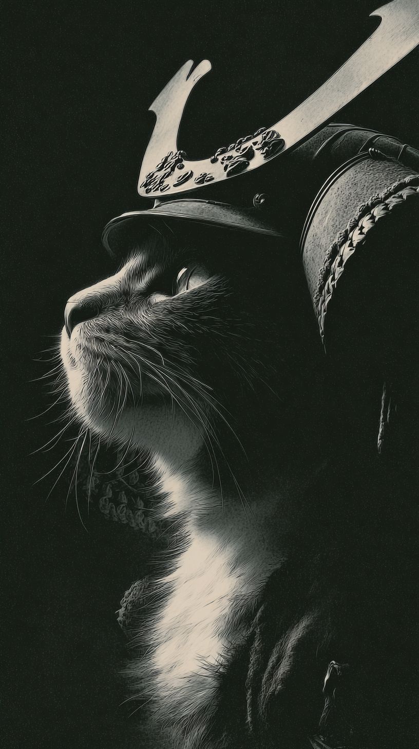 一只严肃的日本短尾猫穿着武士盔甲