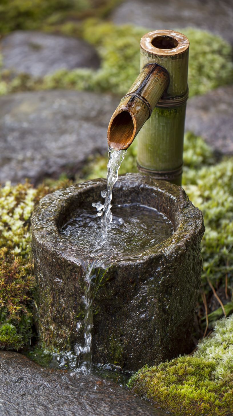 Fontaine d'eau en bambou japonais traditionnel dans un jardin zen avec des gouttes d'eau figées en mouvement
