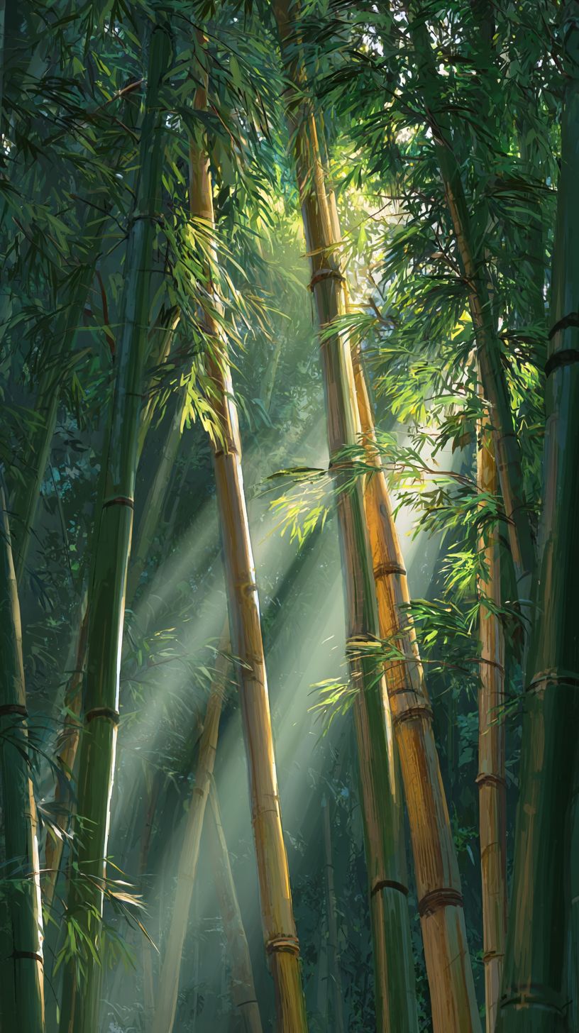 Sunlight pierces through bamboo stalks casting green and gold light in the bamboo forest