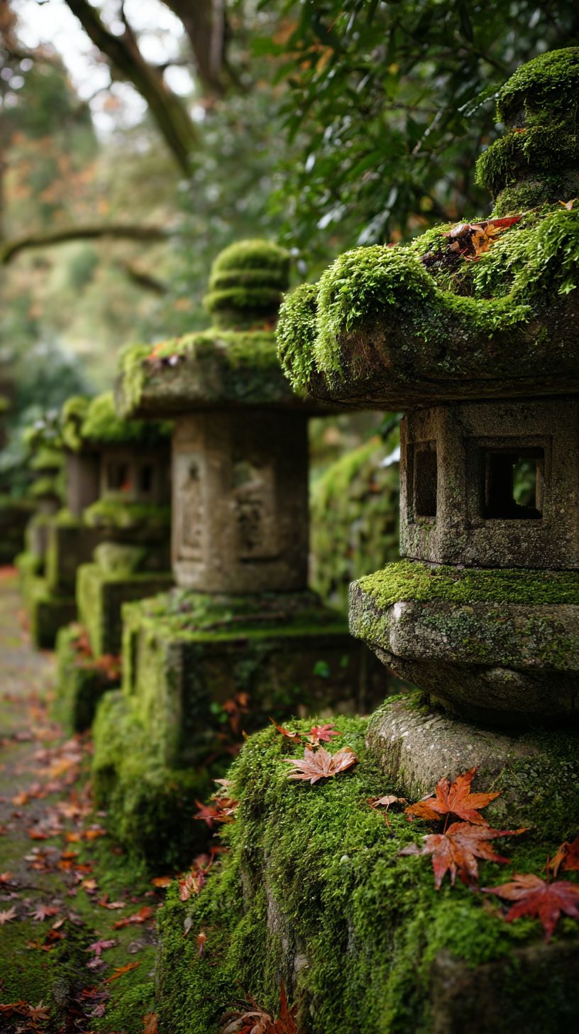 Lanternas de pedra cobertas de musgo criam uma tranquilidade de outono