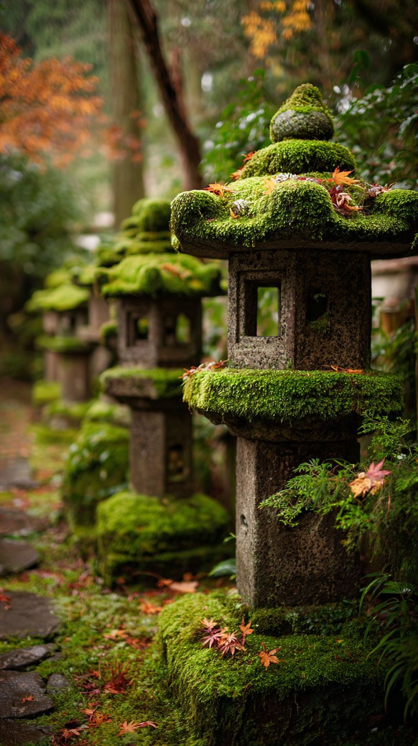Lanternas de pedra tradicionais japonesas cobertas de musgo representam a tranquilidade do outono
