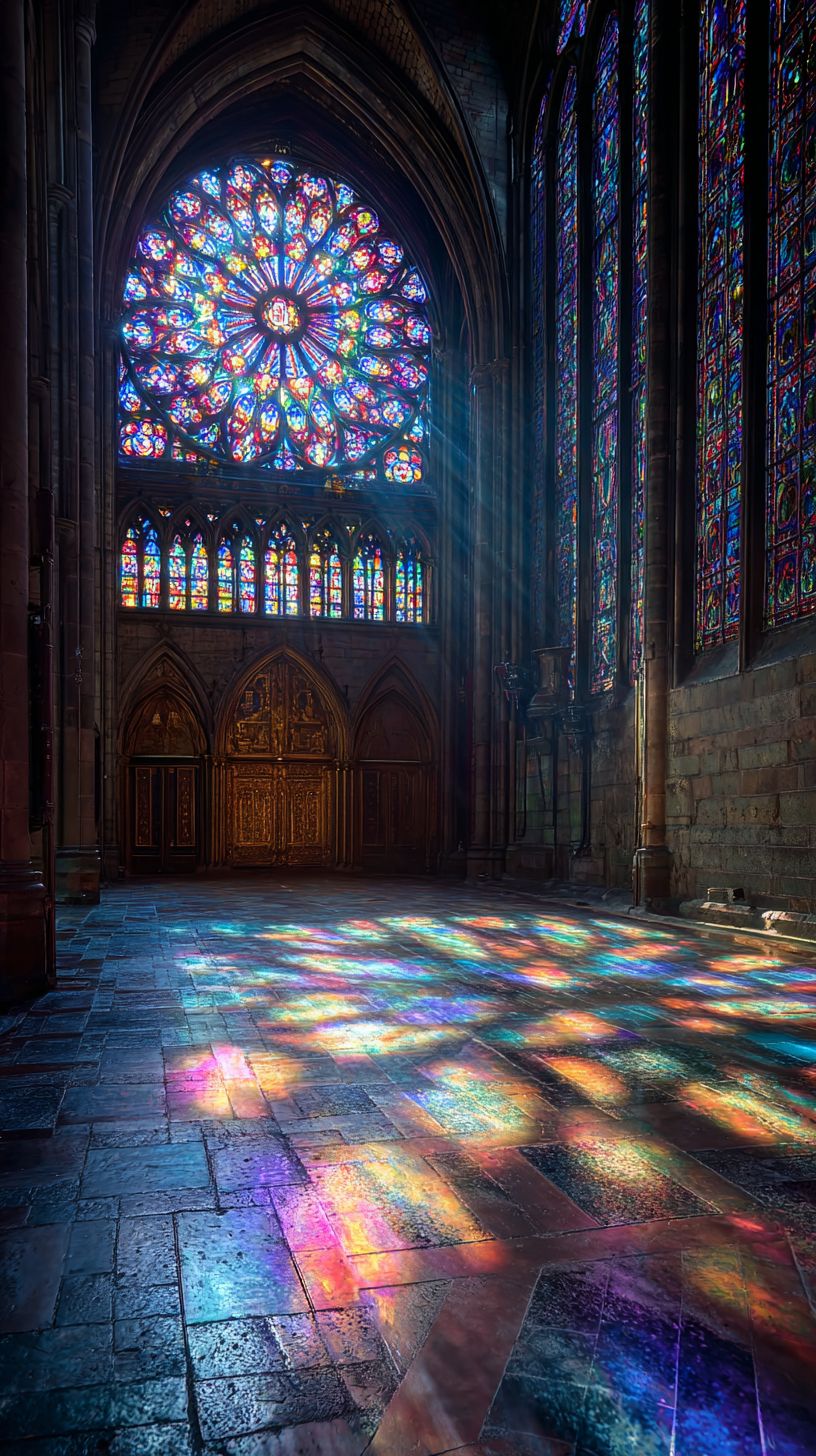 A luz do sol passa pela janela em forma de rosa de uma catedral gótica