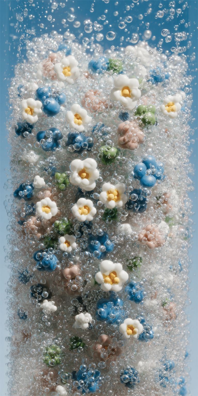 A vertical strip of small floating bubbles and particles in white and light blue on a transparent background