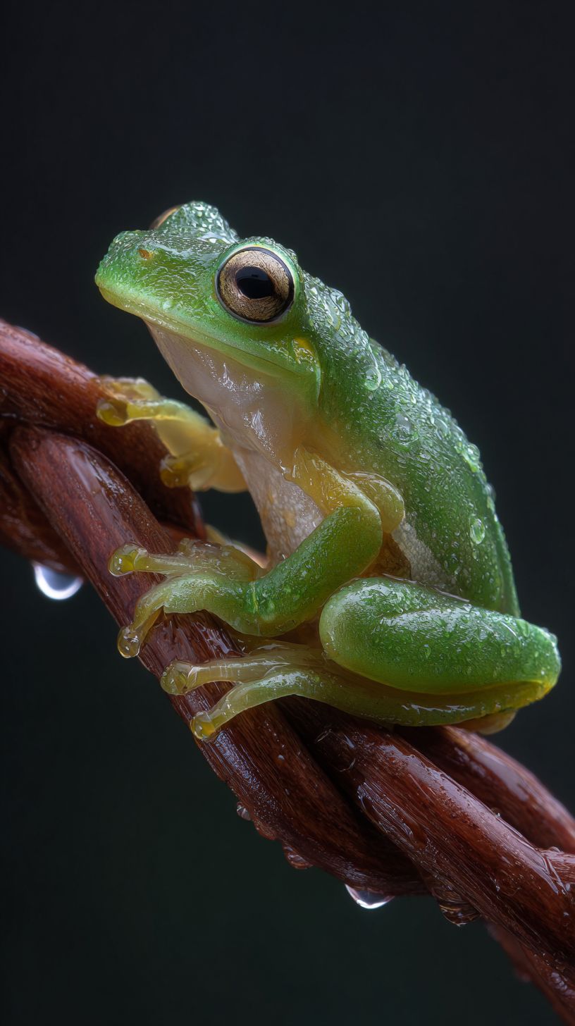 透明綠玻璃樹蛙趴在扭曲的樹枝上，皮膚上有露珠，背景是一片黑暗森林
