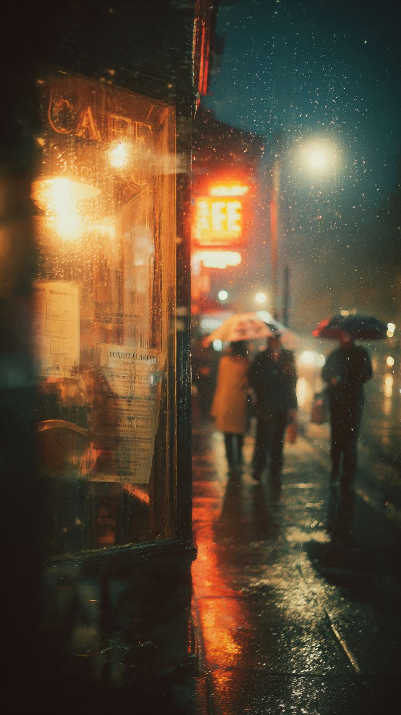 Luz quente vazando da janela do café na rua molhada pela chuva à meia-noite com figuras embaçadas com guarda-chuvas