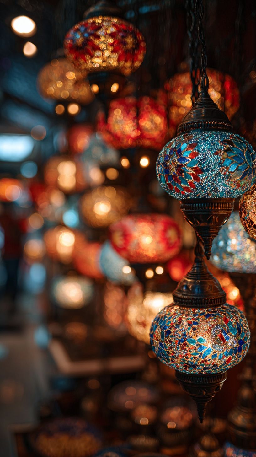 Hundreds of colorful Turkish mosaic lamps shining in a dark shop
