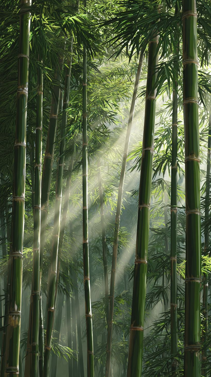 La luz del sol atraviesa altos bambús, creando una atmósfera zen pacífica