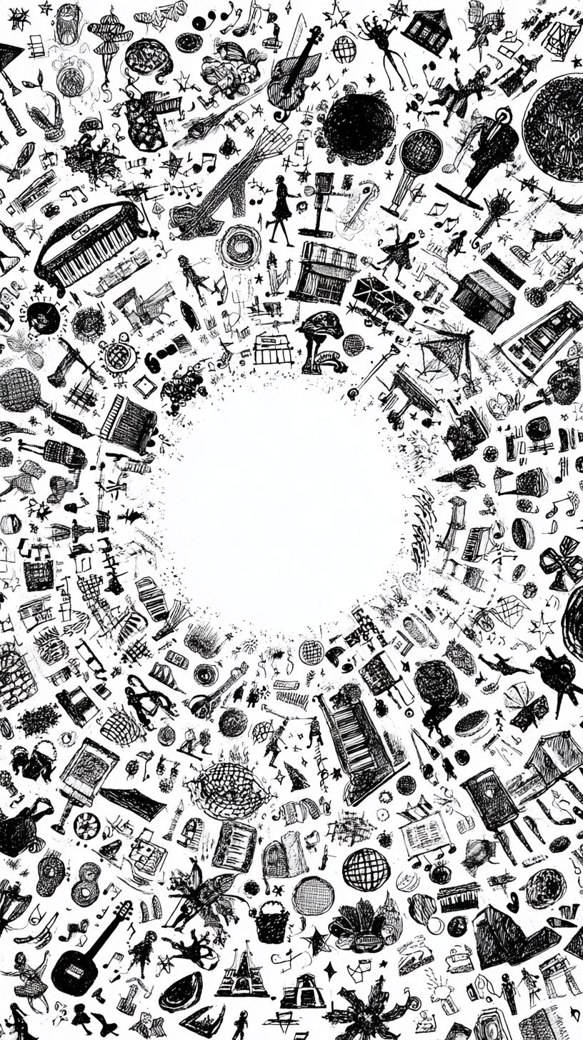 A white background with matured doodles of extracurricular activities like music, dance, drama, and art scattered outward from a center point