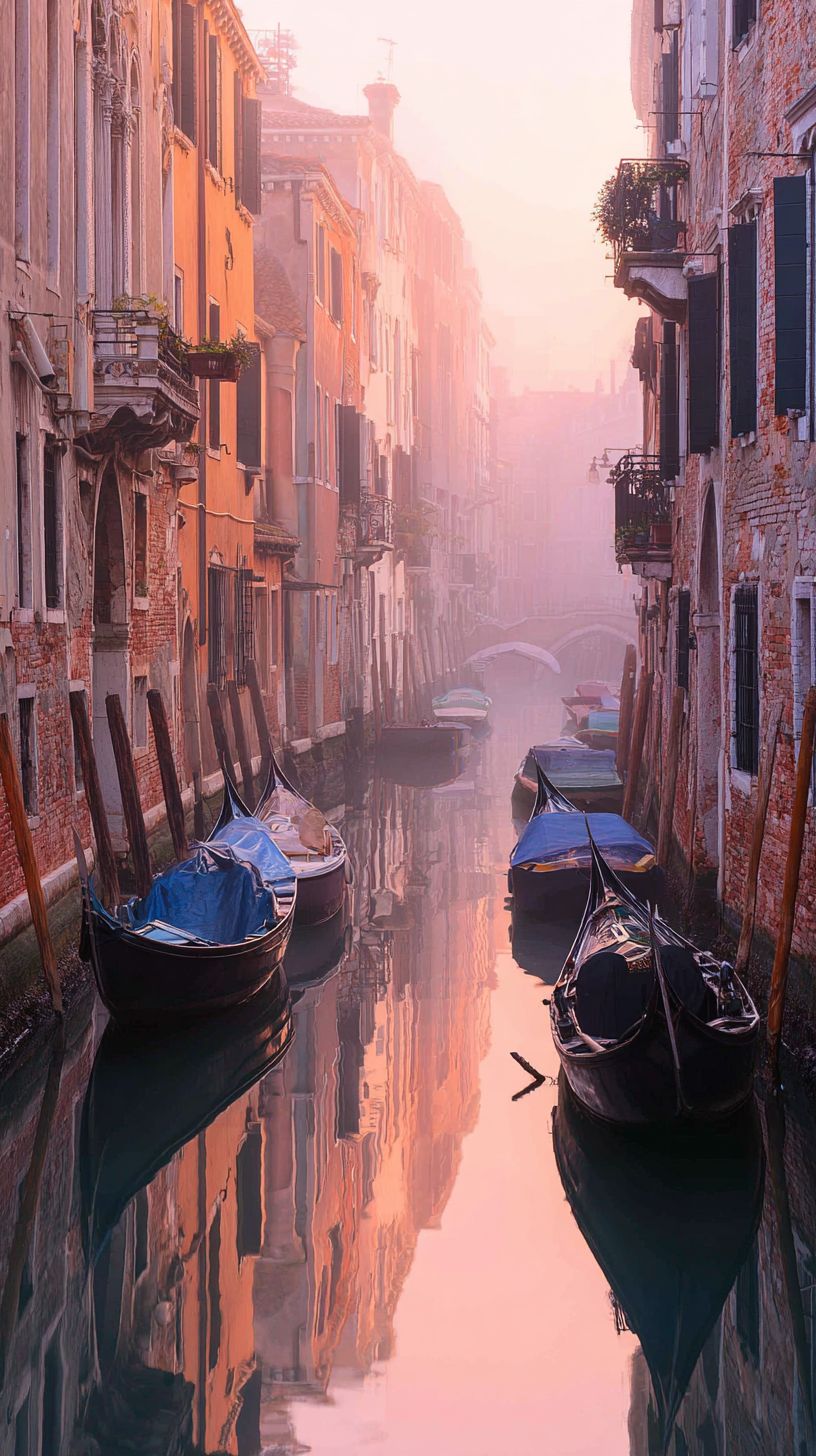 霧がかかった朝のヴェニス運河、停泊するゴンドラと古い建物が静水に映る