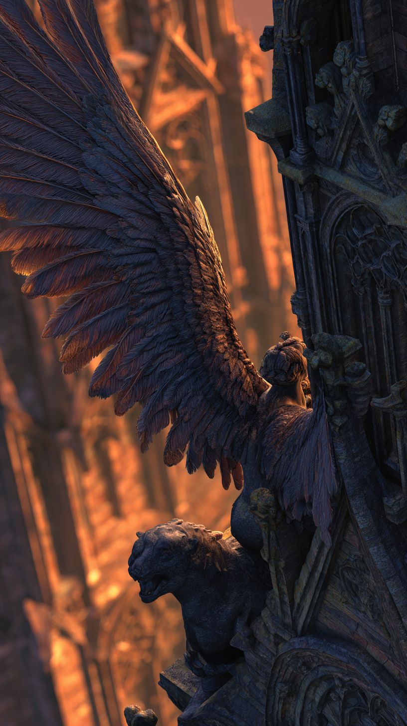 黄昏にゴシック教会の尖塔に降り立つダークエンジェル