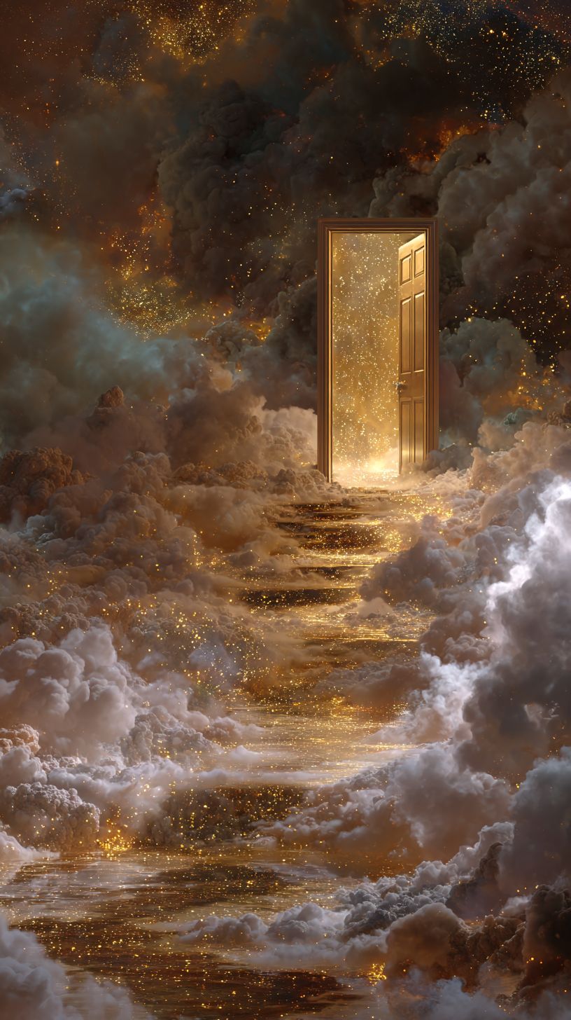 A dreamlike door glows in an abstract cloudscape