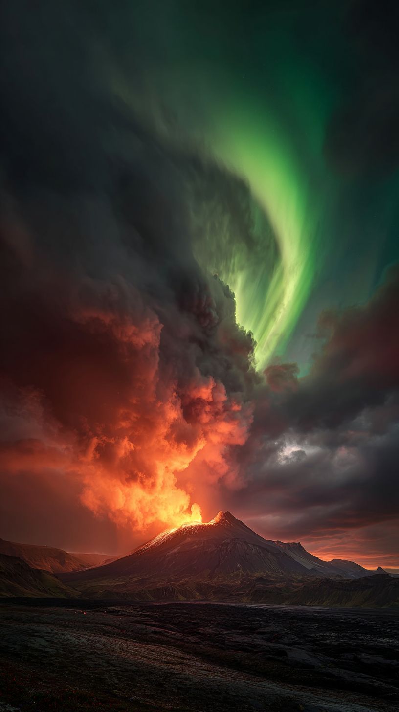 Aurora verde sobre un volcán en Islandia donde el fuego se encuentra con el hielo