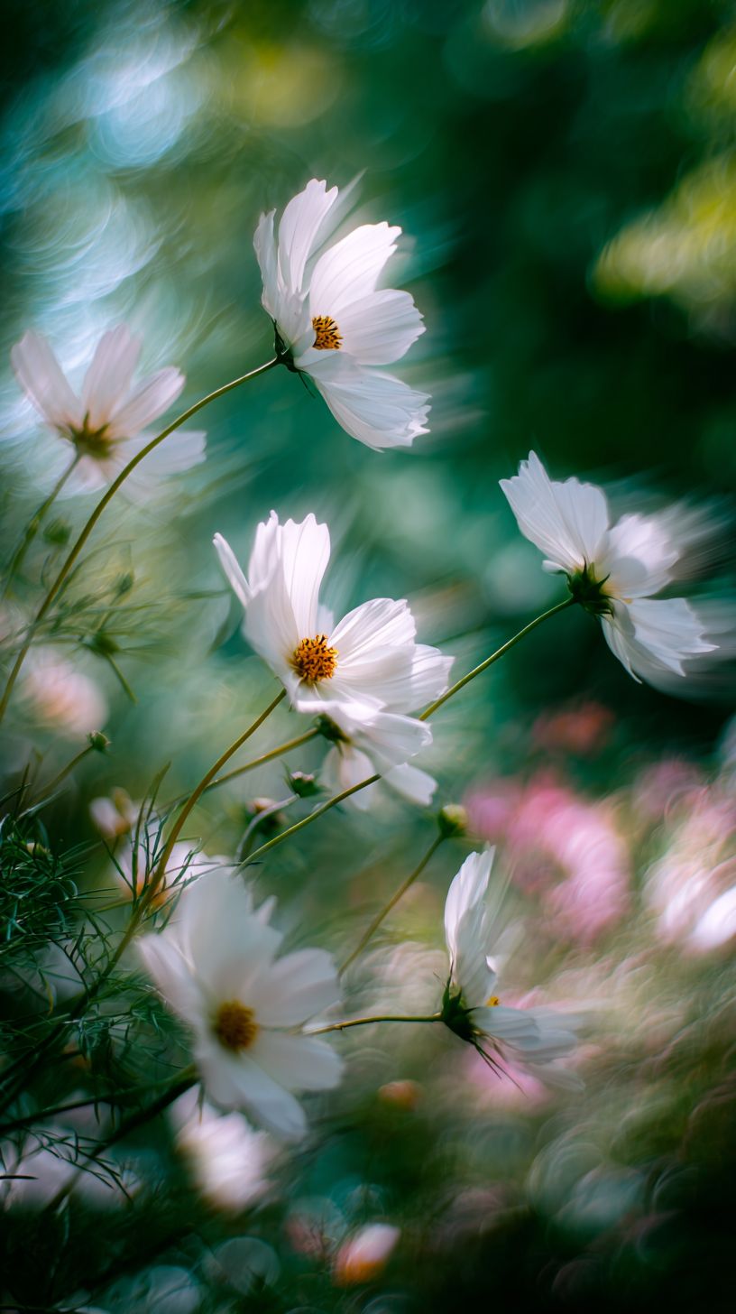 Delicate white cosmos flowers sway in the wind