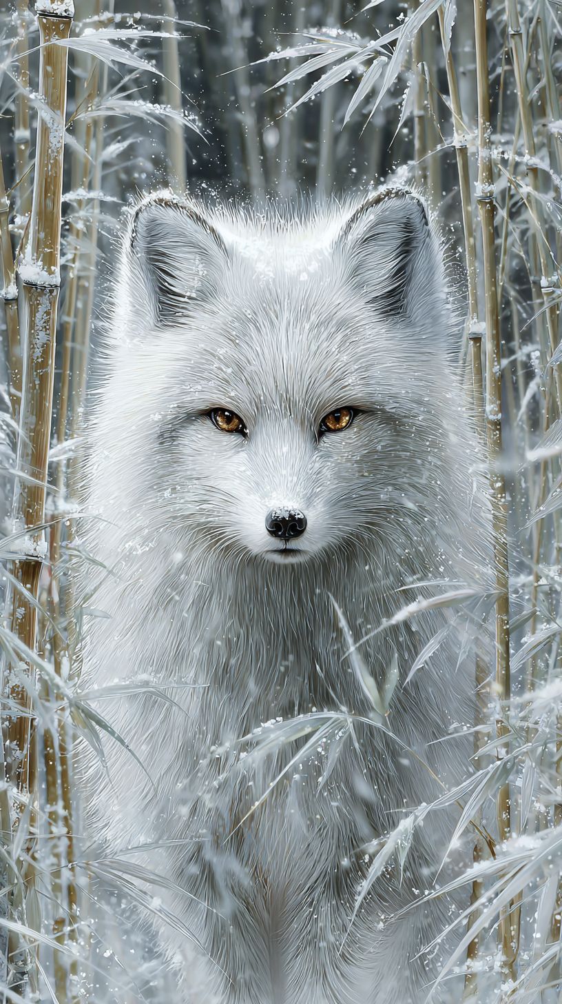 Девятихвостый белый лисий дух появляется из замерзшего бамбукового леса