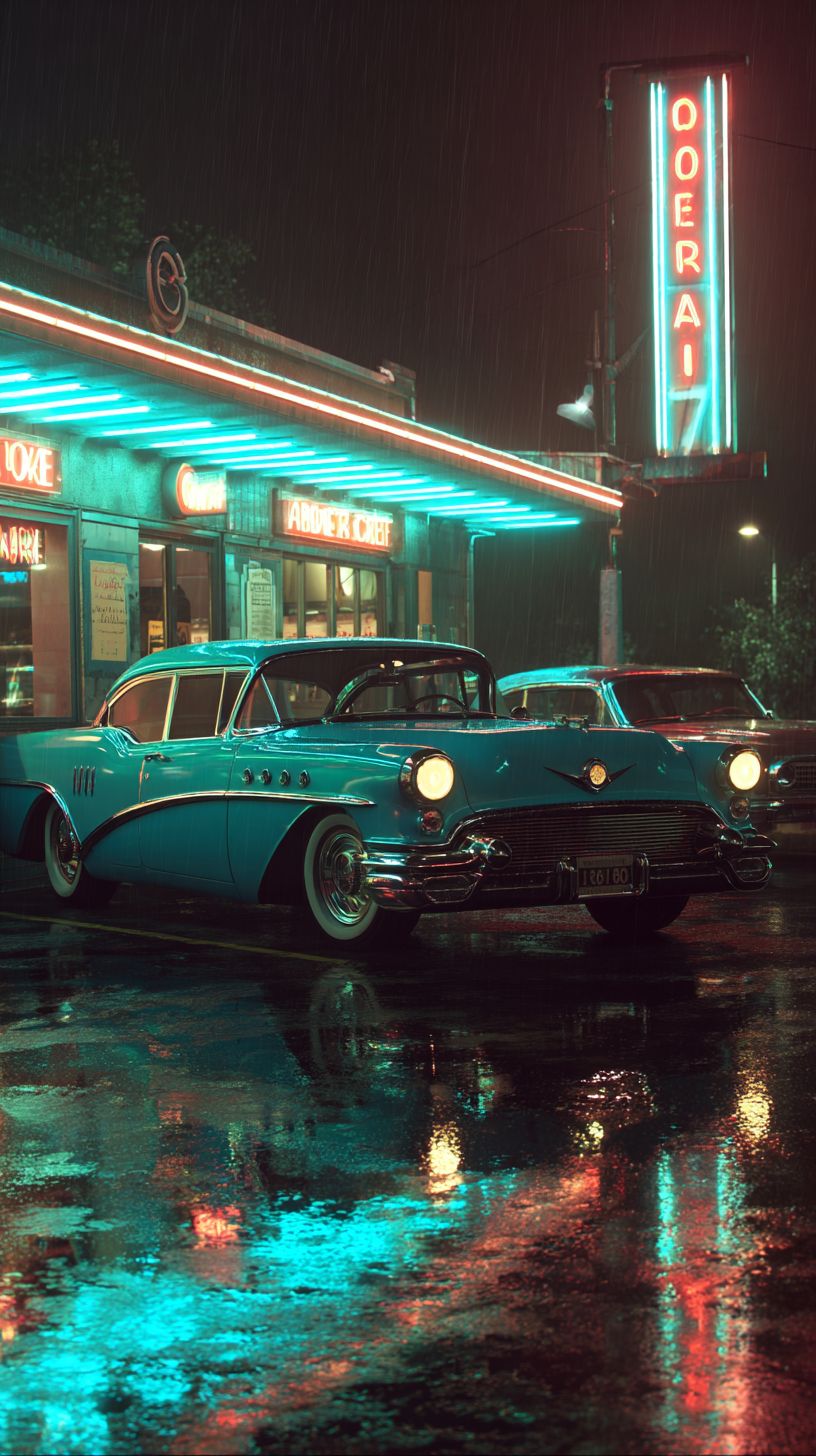 A vintage American diner at night with neon lights reflecting on wet asphalt