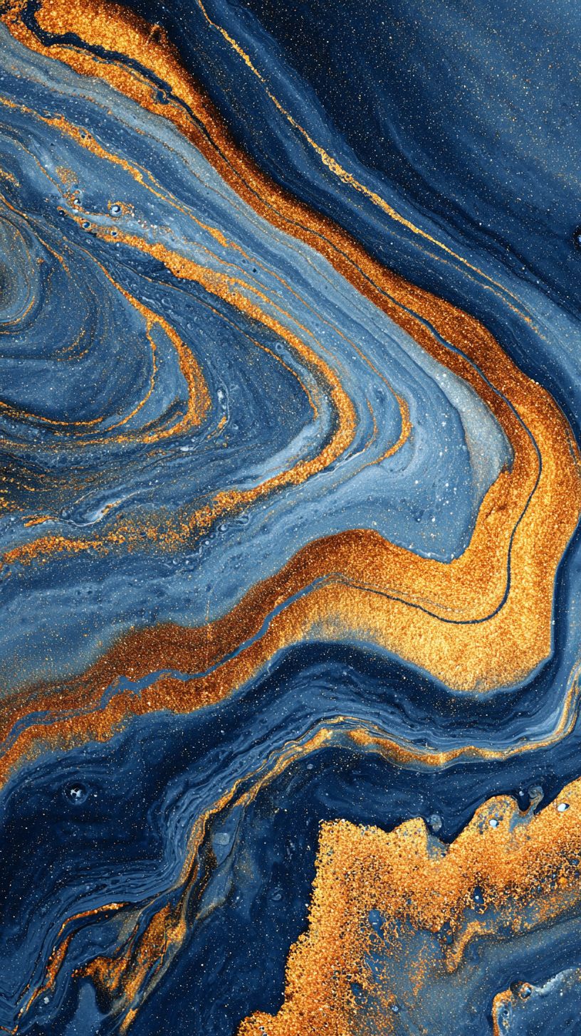 Fluid art with gold and copper metallic swirls on deep navy background