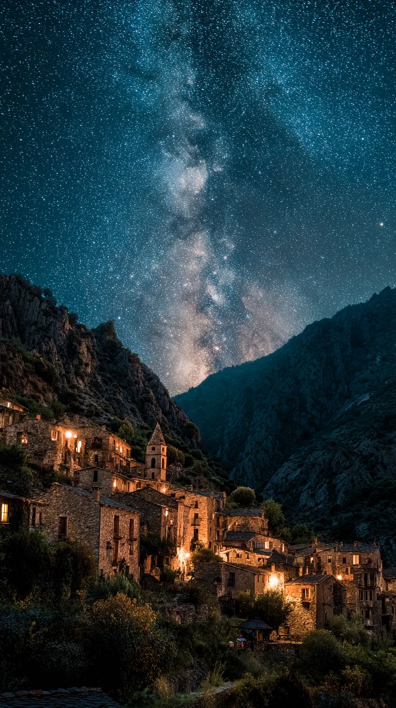 A night scene of a tiny European village under the Milky Way