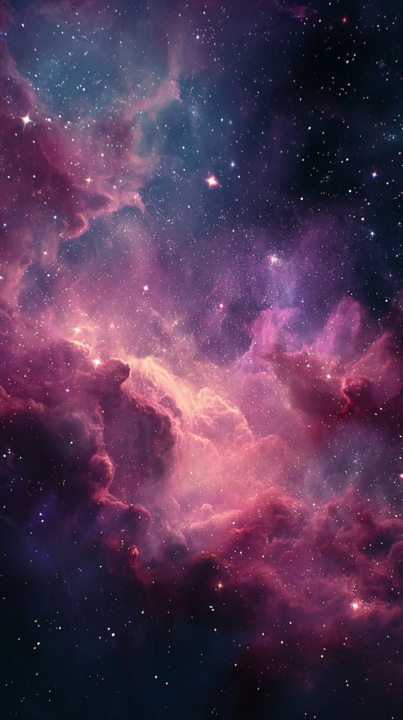 Deep space nebula with vibrant pink and blue colors, featuring newborn stars and cosmic dust clouds