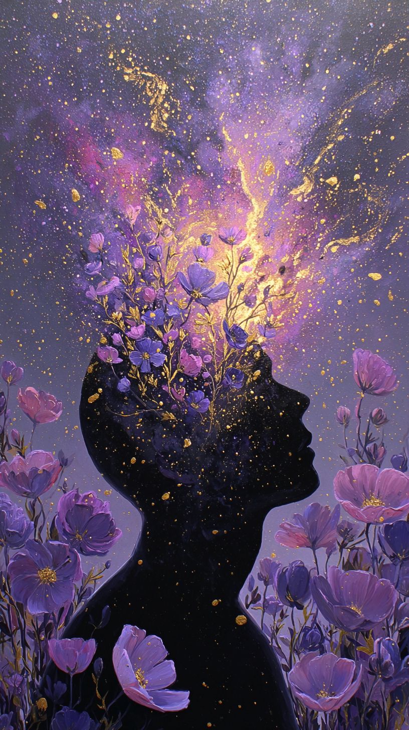 Human silhouette with an open head revealing an exploding cosmos and flowers in surrealist art