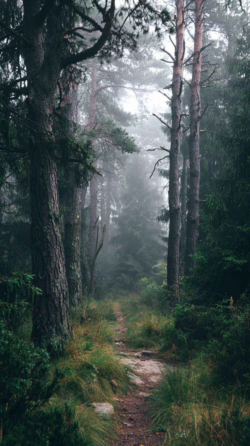 A foggy forest path leads into a dense pine forest