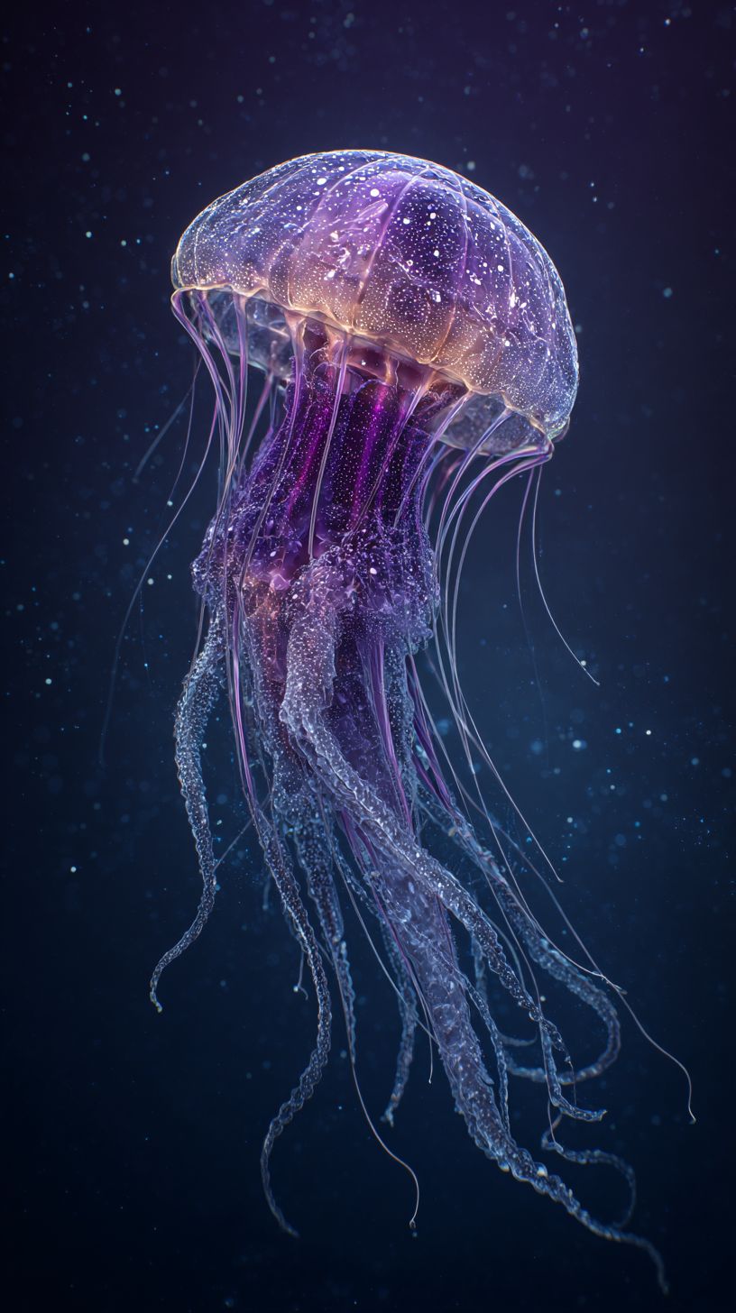 قنديل البحر المتألق في أعماق البحر يطفو في حقل النجوم بأذرع شفافة بألوان بنفسجية وزرقاء عميقة