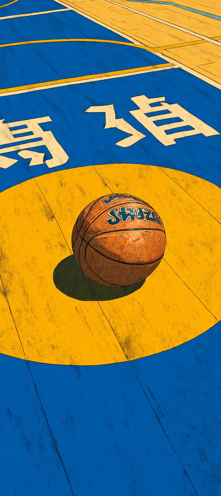 A basketball on a blue and yellow court