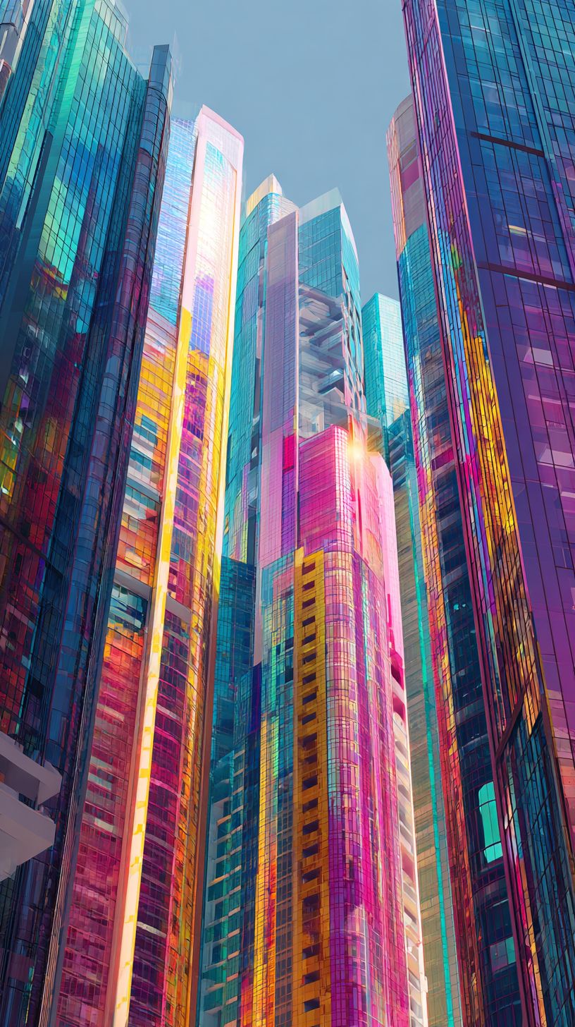 Edificios ultramodernos de la ciudad hechos de paneles de vidrio de colores