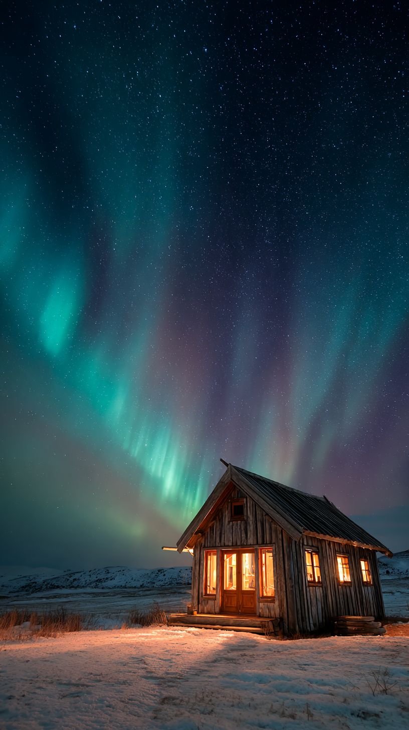 Northern lights dance over a cozy wooden cabin in the Icelandic wilderness