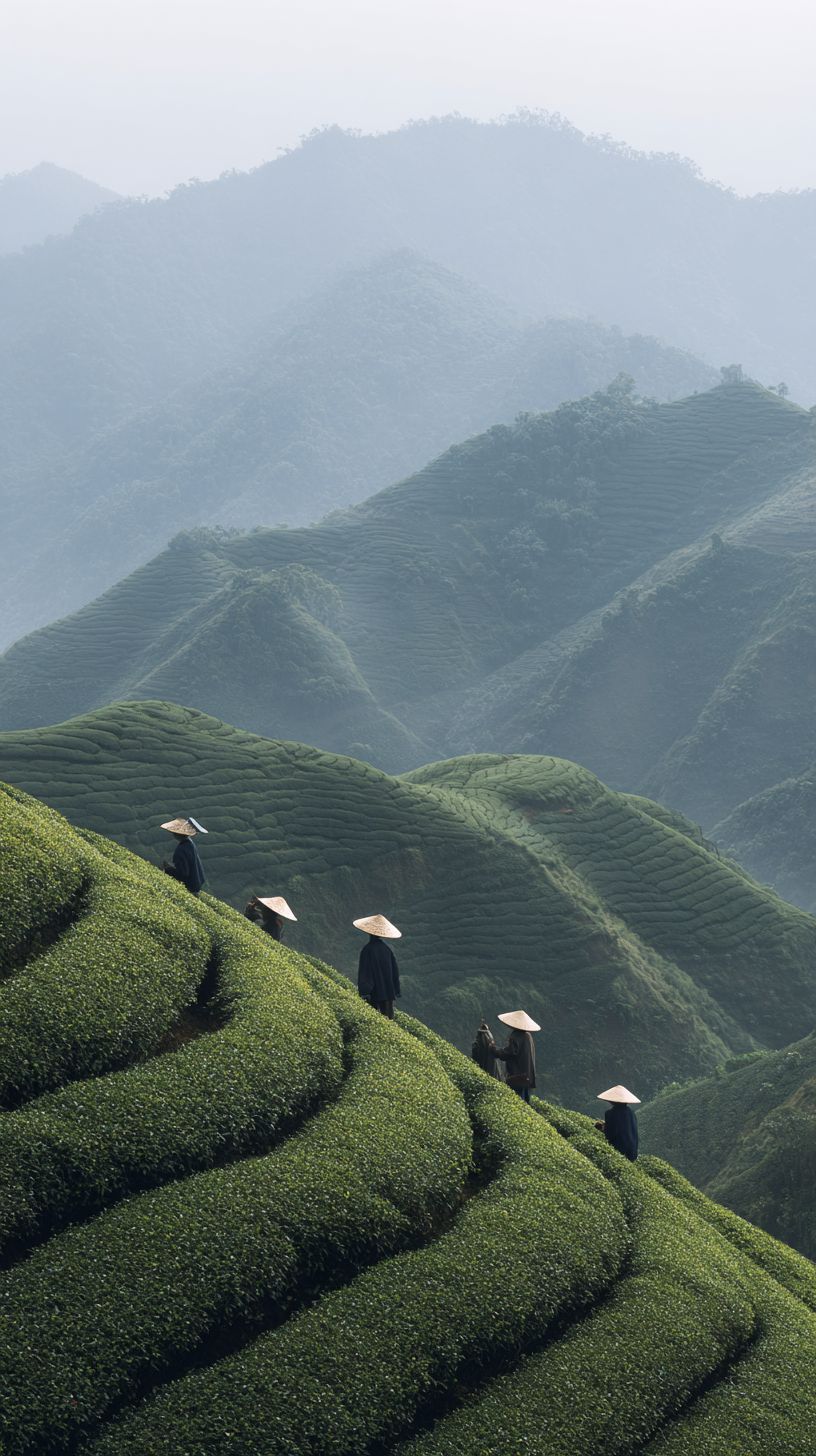 霧の中の茶畑、笠をかぶった作業員、白く消える重なる山々