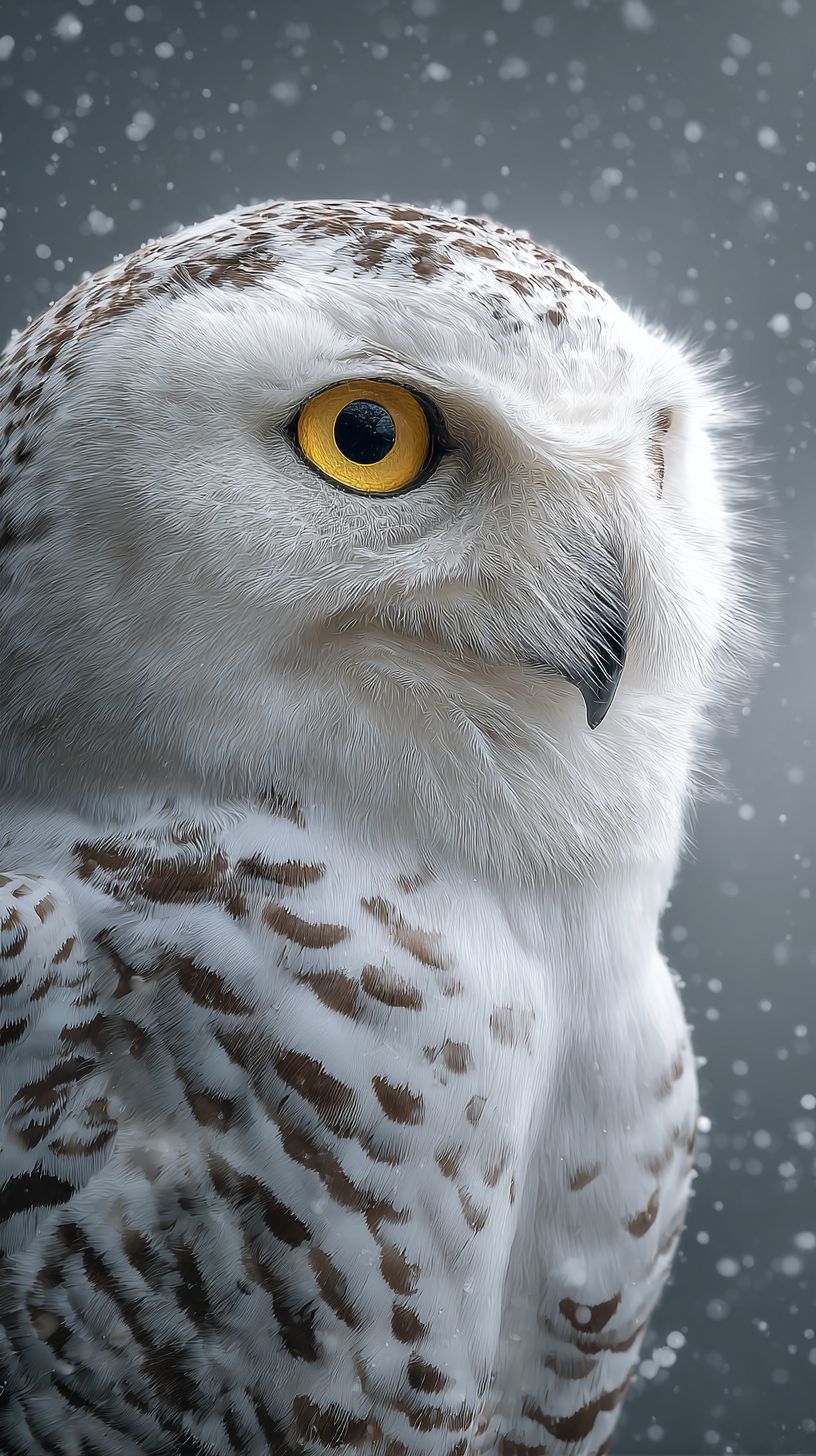 صورة مقربة لثعلب الثلج تُظهر عيونه الصفراء وريشه التفصيلي