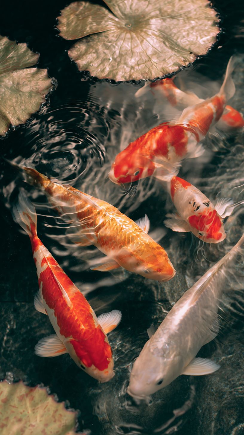 橙白相間的錦鯉在清水中游動